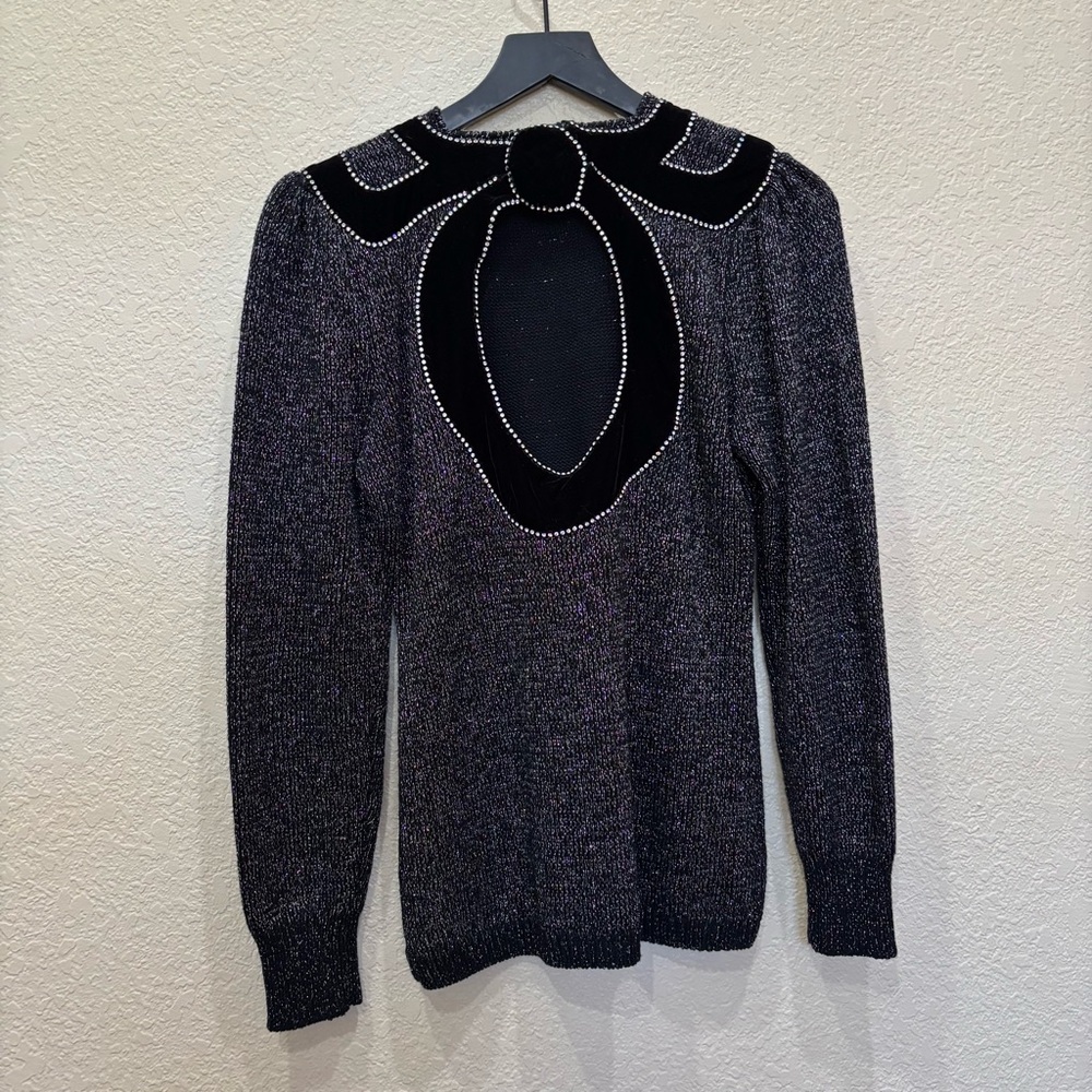 Vintage 1980’s Nannell Black & Silver Metallic Open Back Sweater Bow Detail